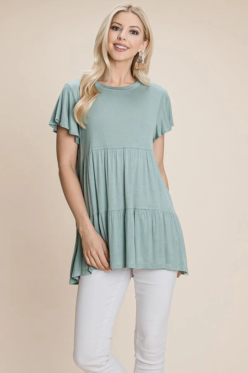 Tiered Pleated Ruffle Tunic Shirt Mini Dress