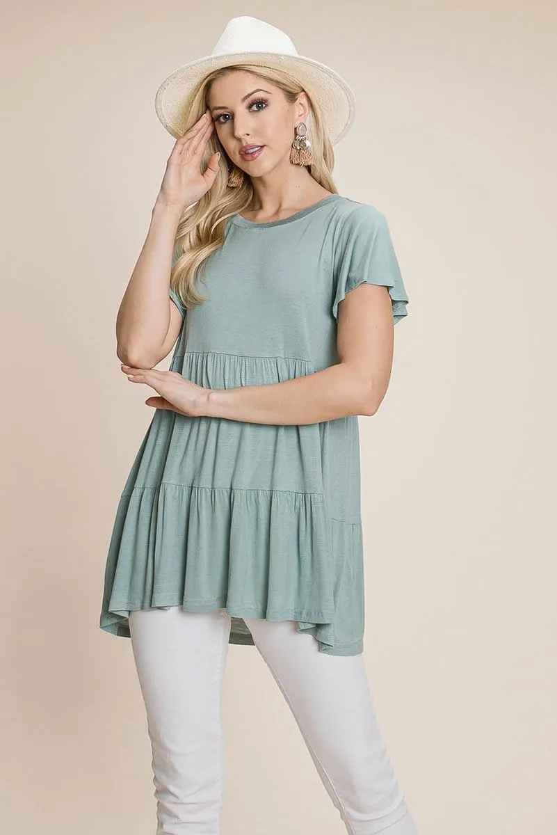 Tiered Pleated Ruffle Tunic Shirt Mini Dress