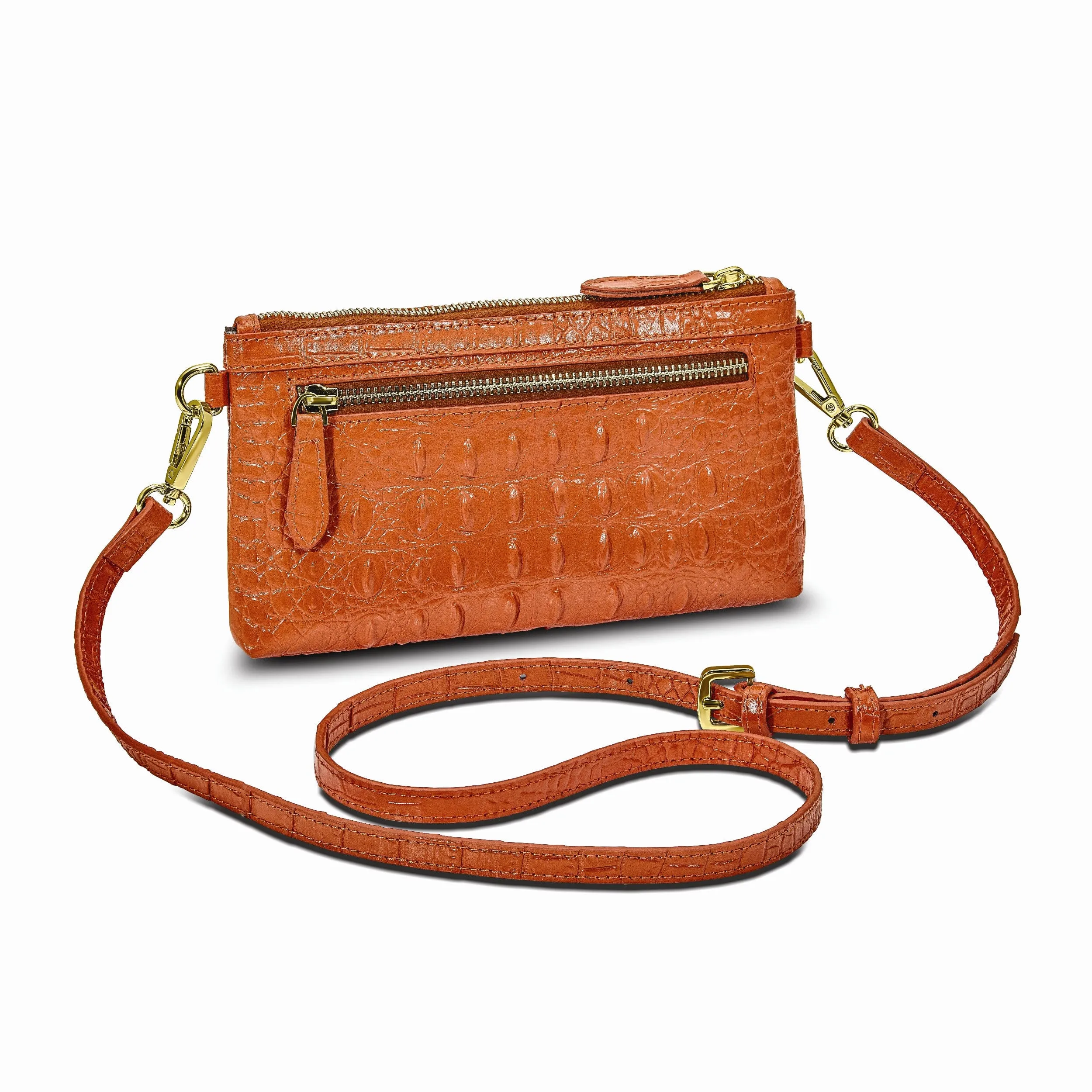 Top Grain Leather Croc Texture RFID Protected Satin Lining with Zip and Slip Pocket Six Card Slots Detachable 7 inch Wrist and Crossbody Strap 20-23 inch Strap Drop Marigold Clutch