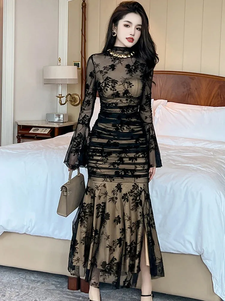 Trendy Retro Black Mesh Fishtail Formal Dress