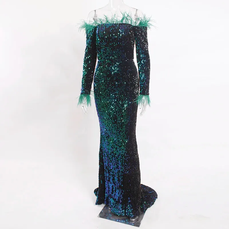 Trendy Sequin Feather Velvet Party Mermaid Dress