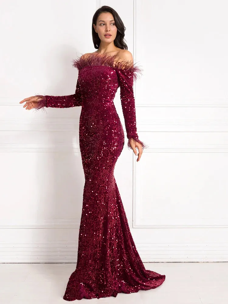 Trendy Sequin Feather Velvet Party Mermaid Dress