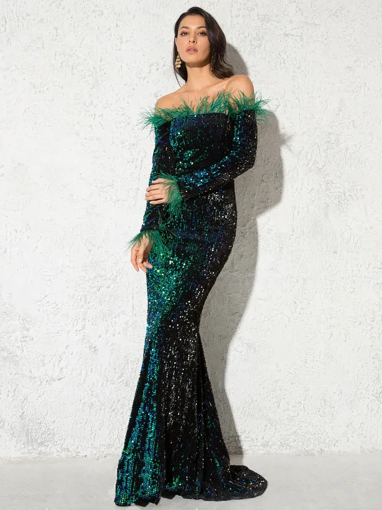 Trendy Sequin Feather Velvet Party Mermaid Dress