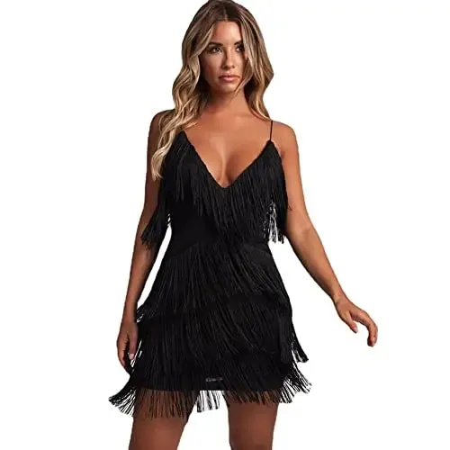 Trendy Spaghetti Straps Fringe Mini Party Dress