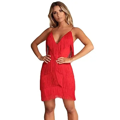 Trendy Spaghetti Straps Fringe Mini Party Dress