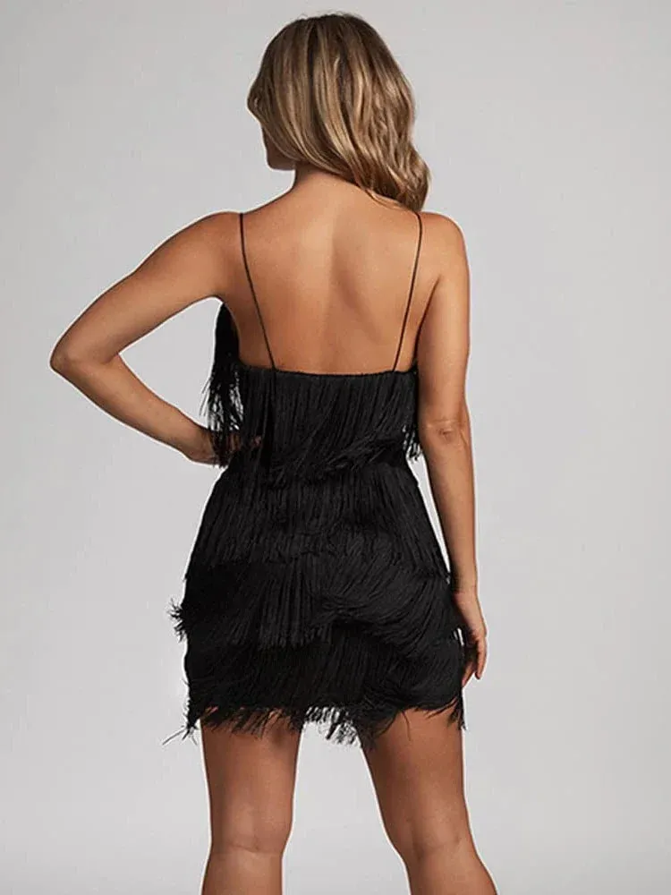 Trendy Spaghetti Straps Fringe Mini Party Dress