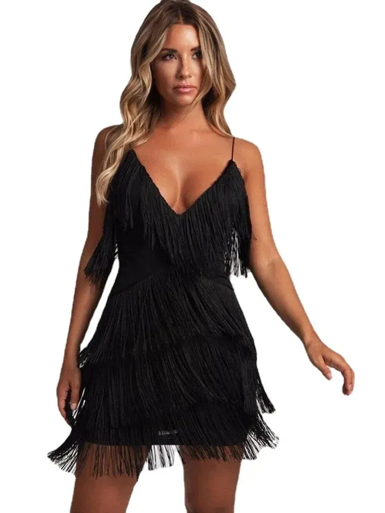 Trendy Spaghetti Straps Fringe Mini Party Dress