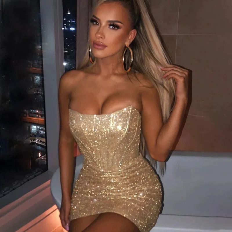 Trendy Strapless Glitter Party Dress