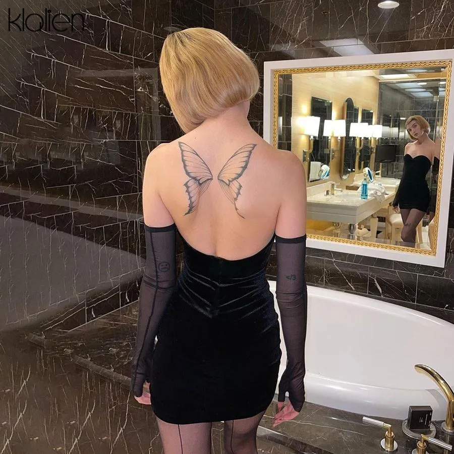 Trendy Strapless Long Sleeve Black Mesh Dress