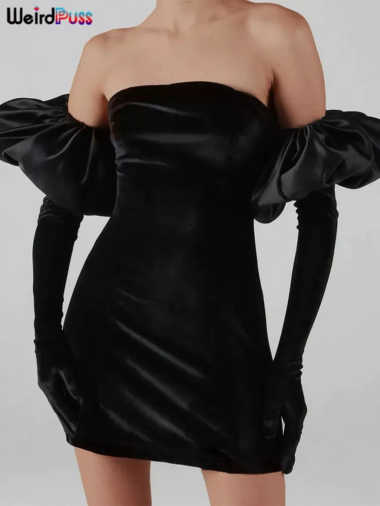 Trendy Strapless Velvet Puff Glove Sleeve Party Dress