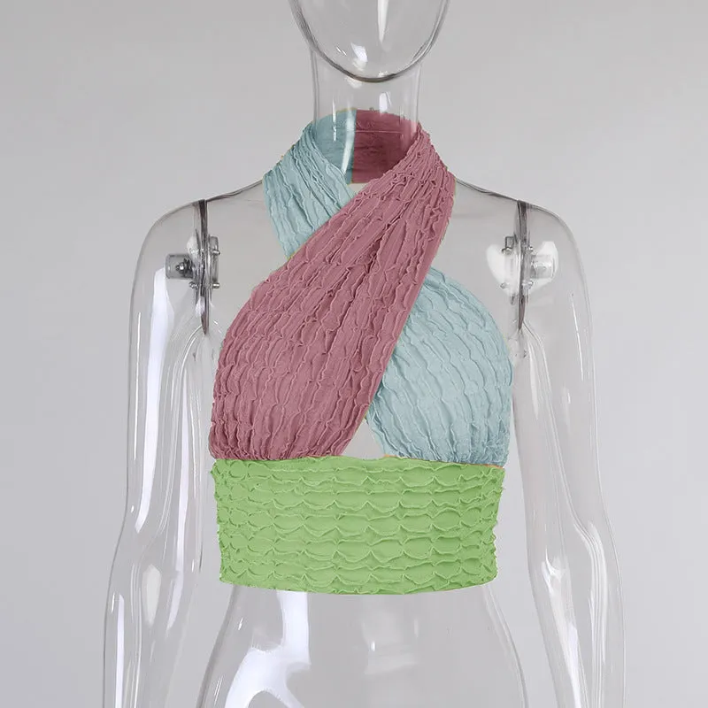 Tri-color neck halter vest wrap contrast color cami ruched knitted vest