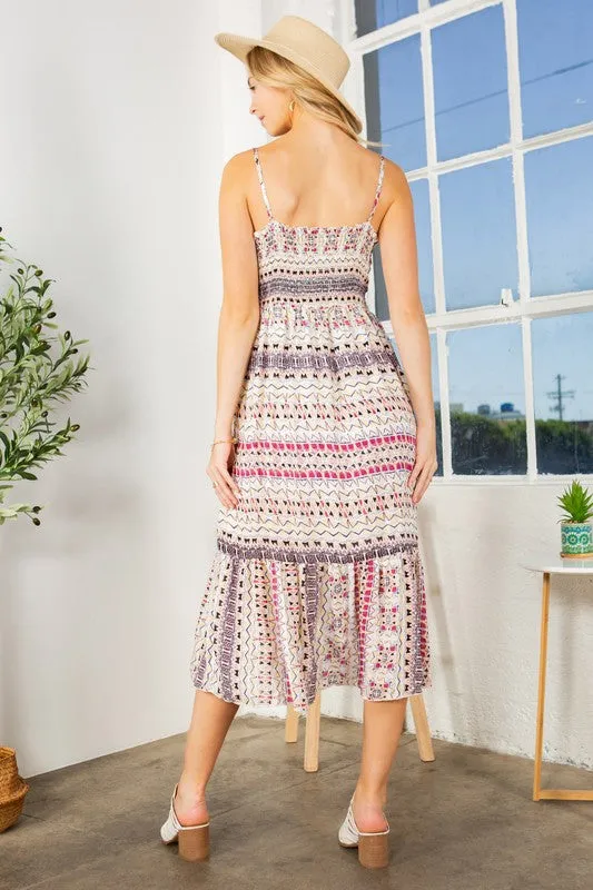 Tribal Print Twist Front Tiered Midi Dress