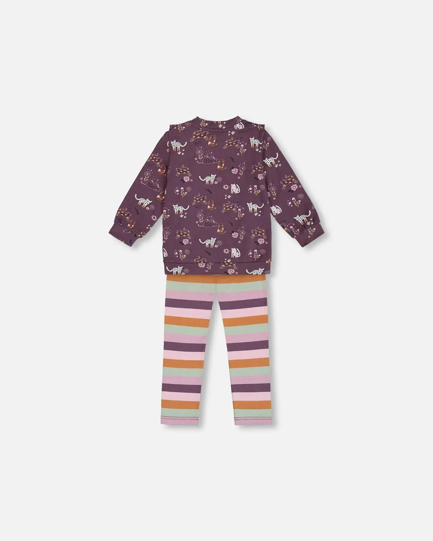 Tunic Mauve Printed Cats And Striped Leggings Set