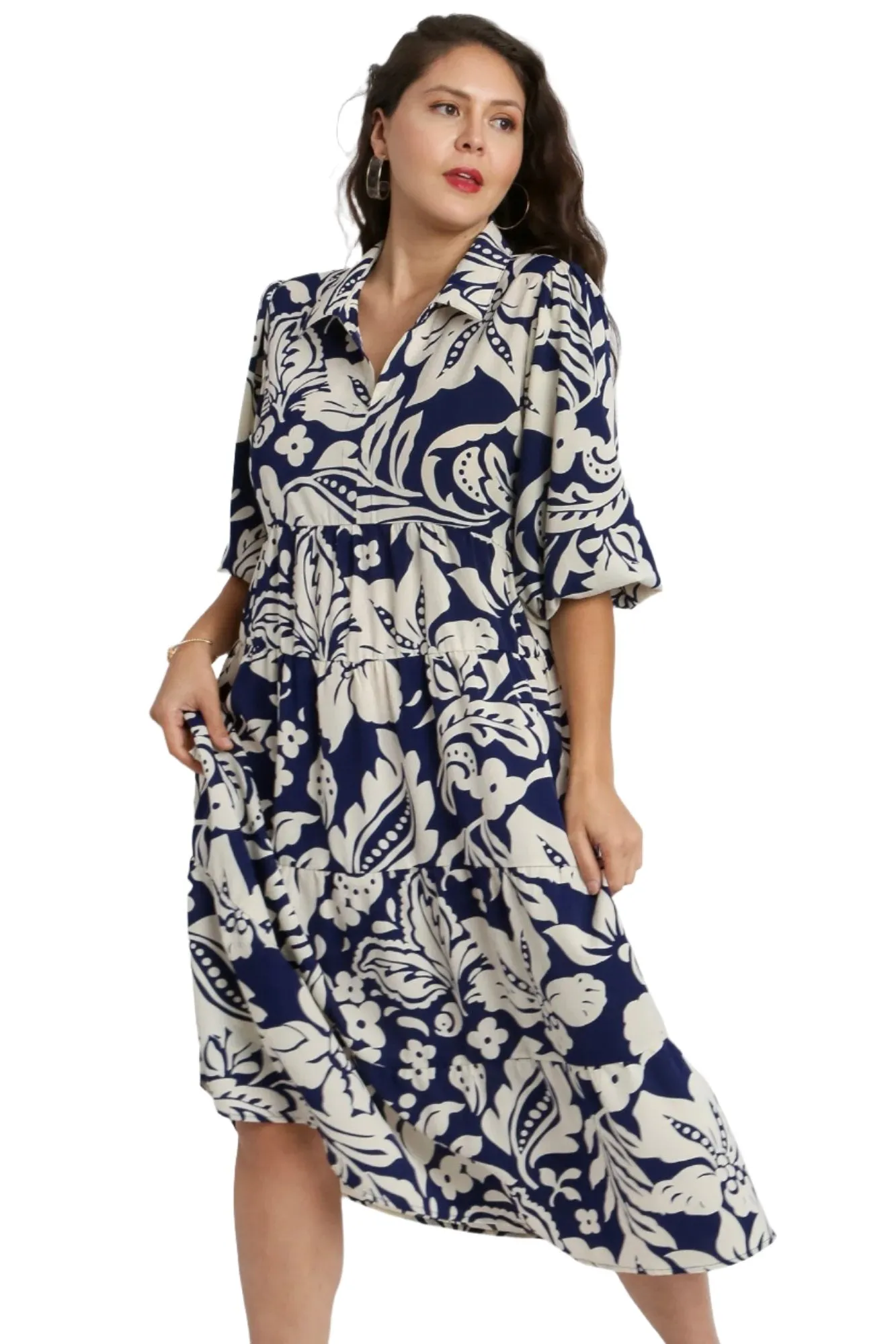 Two Tone Floral Print Midi Dress, Midnight