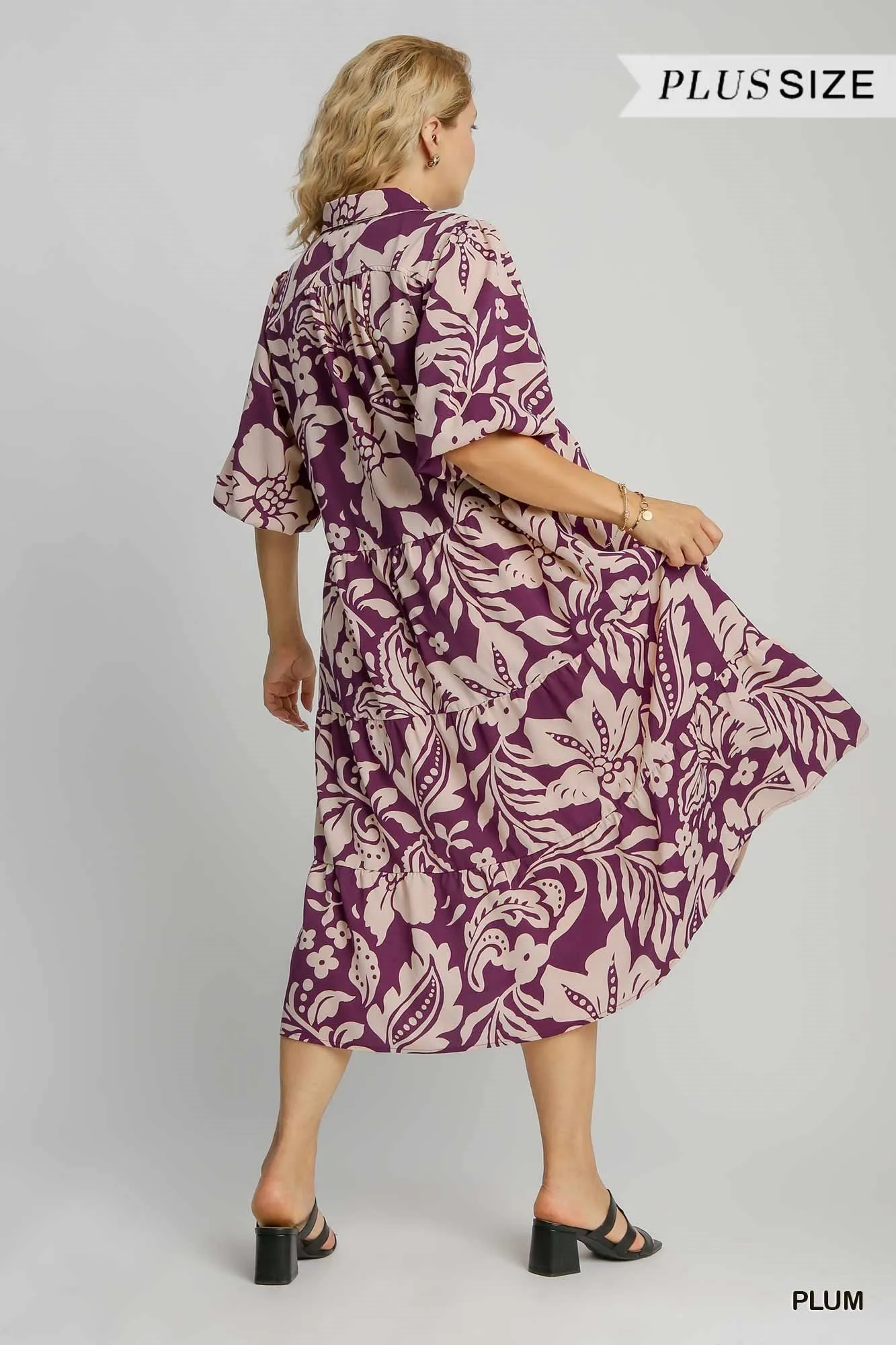 Two Tone Floral Print Midi Dress, Plum