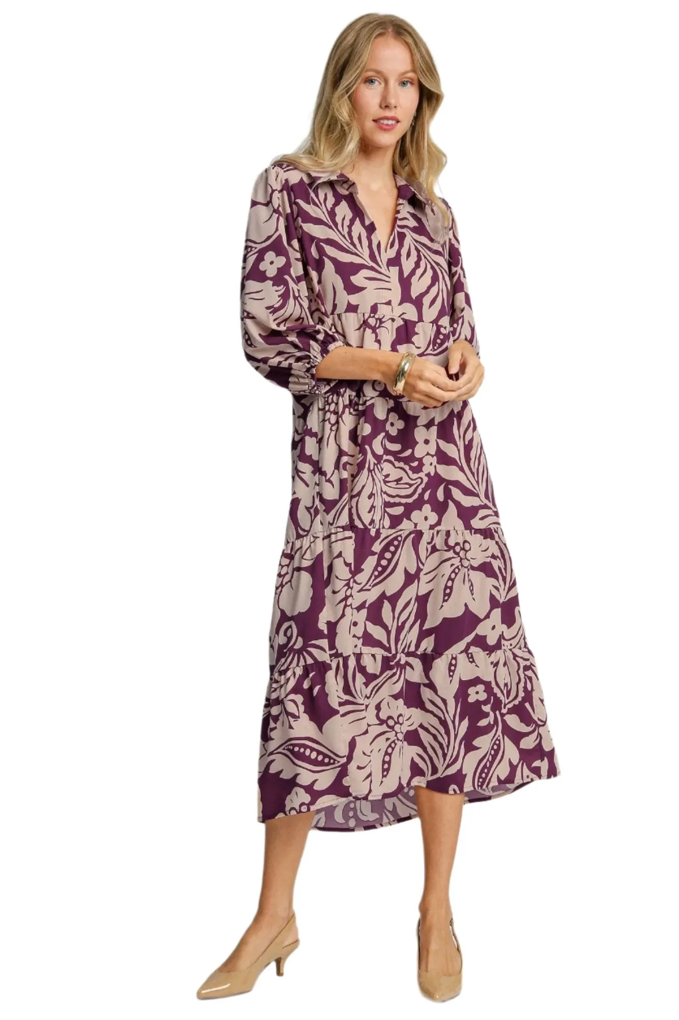 Two Tone Floral Print Midi Dress, Plum