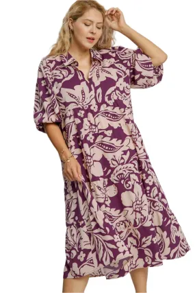 Two Tone Floral Print Midi Dress, Plum