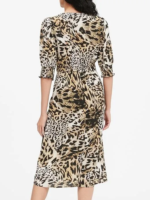 V-Neck Midi Dress in Leopard Print