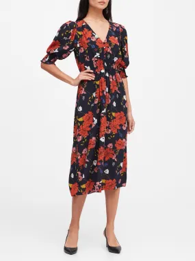 V-Neck Midi Dress in Navy Floral