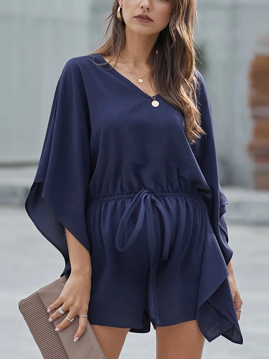 V-Neck Short Sleeve High Waist Tie Maternity Jumpsuit