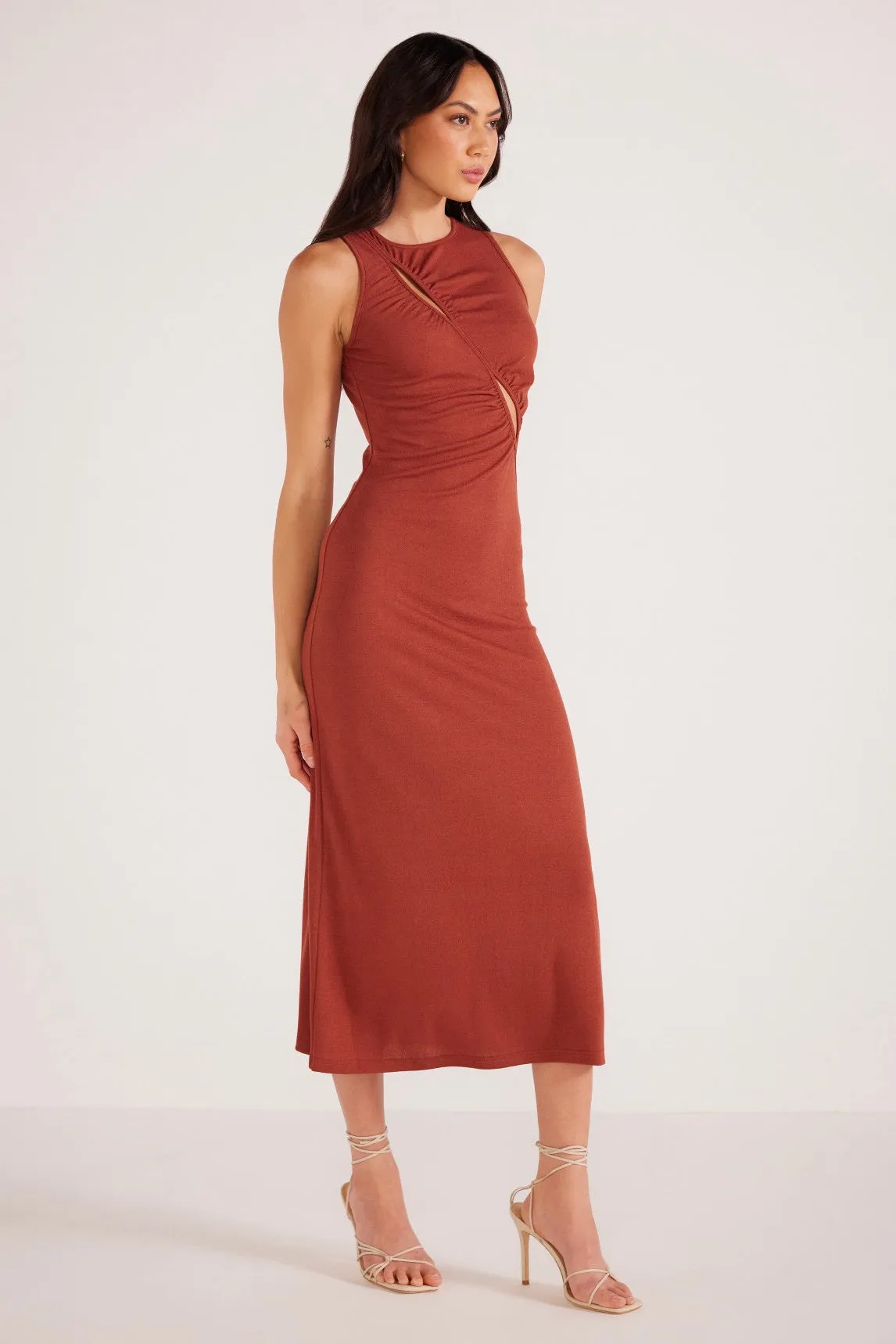 Vanessa Rust Ruched Midi Dress