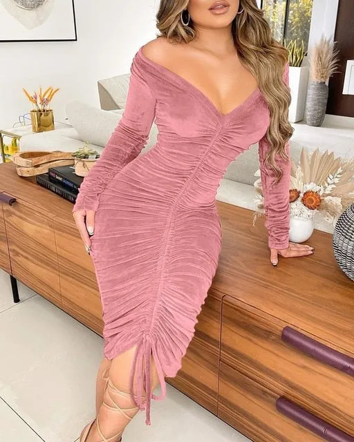 Velvet Drawstring Off Shoulder Midi Dress