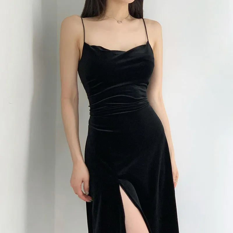 Velvet Sling Exposed Lock Bone High Slit Formal Dress