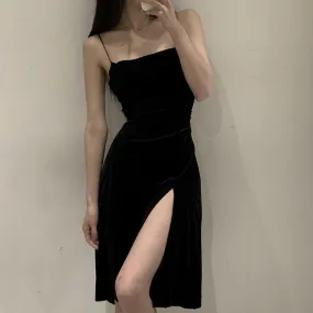 Velvet Sling Exposed Lock Bone High Slit Formal Dress