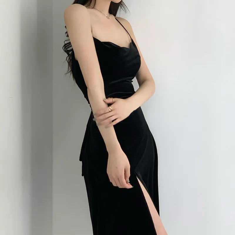 Velvet Sling Exposed Lock Bone High Slit Formal Dress