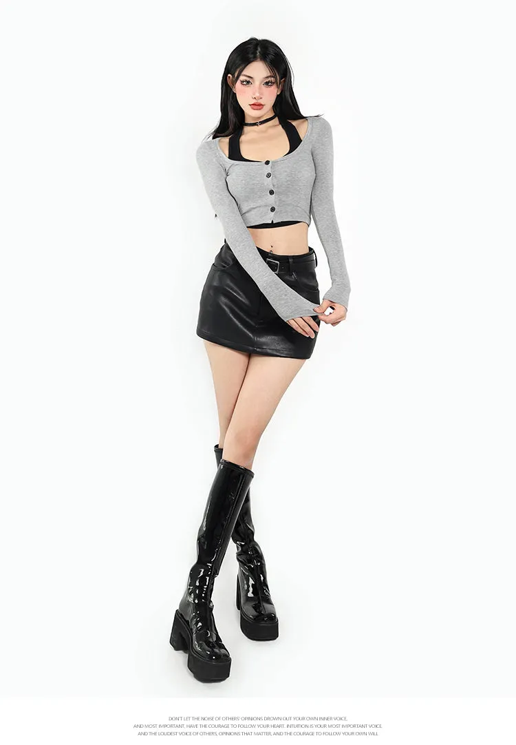 Vera Button Up Long Sleeve Halter Cropped Top