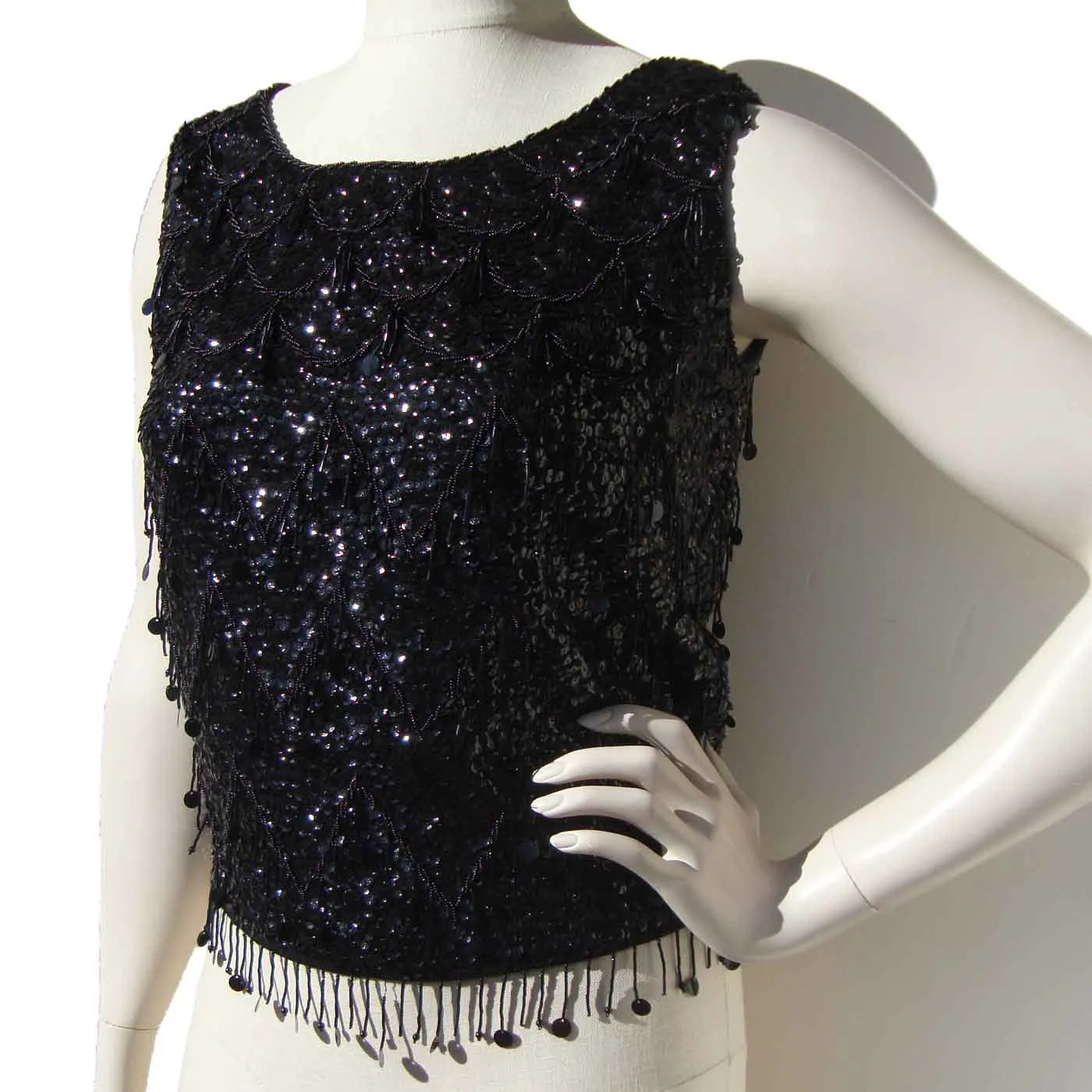 Vintage 60s Black Sequins & Beads Top Cocktail Blouse Sz 36