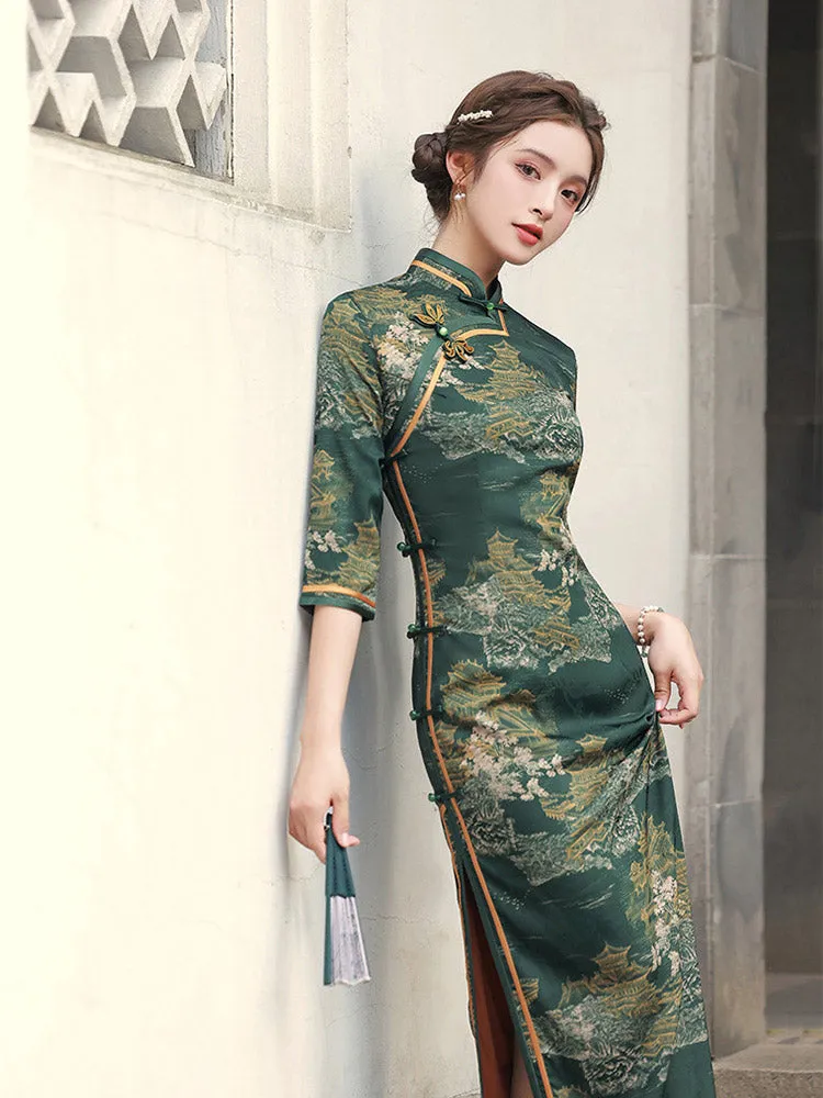 Vintage Ink Green Chinese Ancient Architecture Printed Mid-sleeve Cheongsam Dress