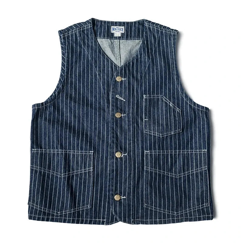 Vintage Wabash Stripe Work Vest - Railroad Workwear Denim Waistcoat