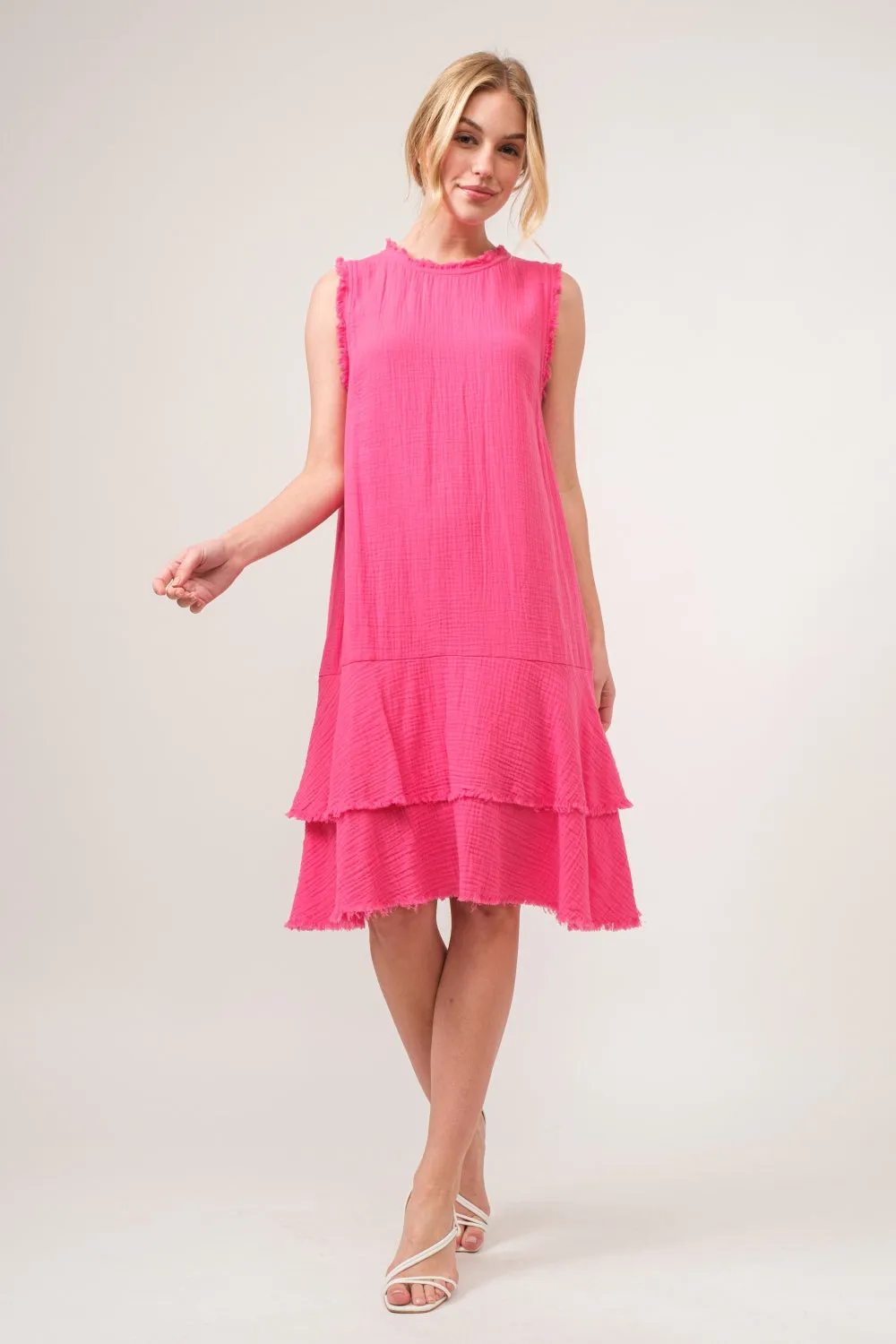 Washed Fringed Mini Dress - Pink