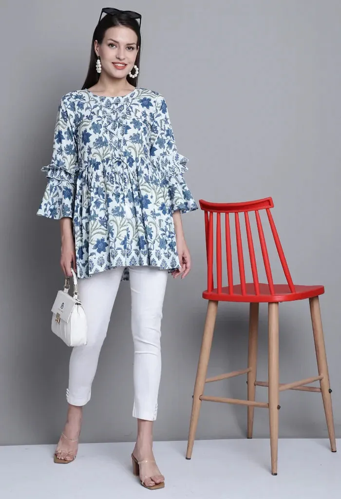 White & Blue Pure cotton Jaipuri Printed Short Top