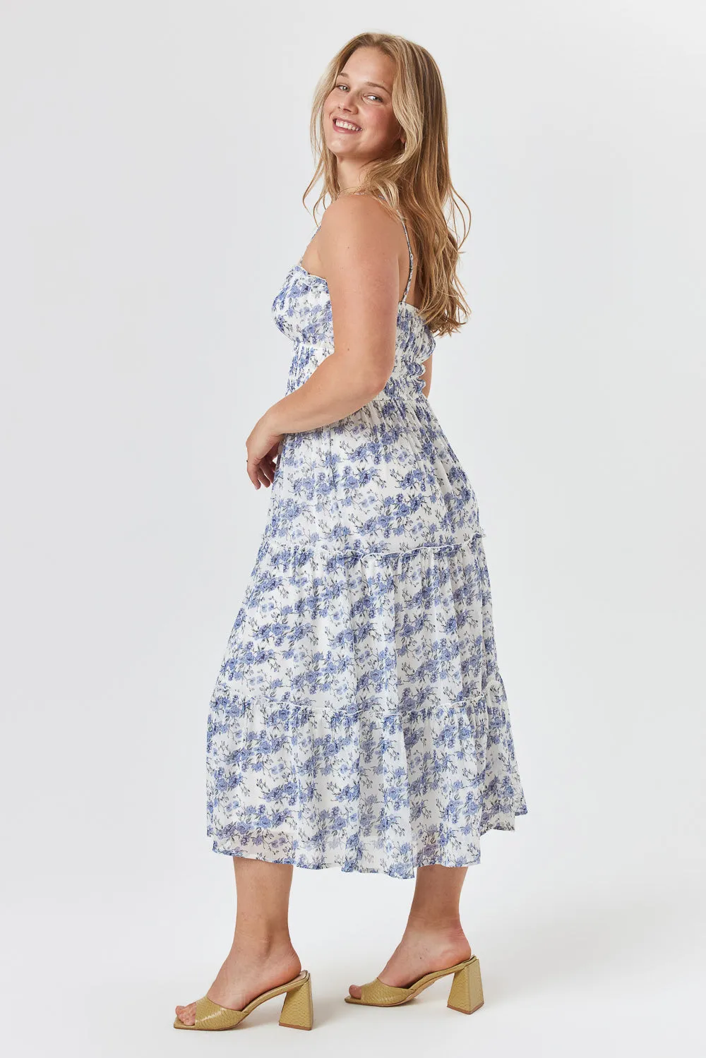 White Blue Floral Tier Emma Midi Dress