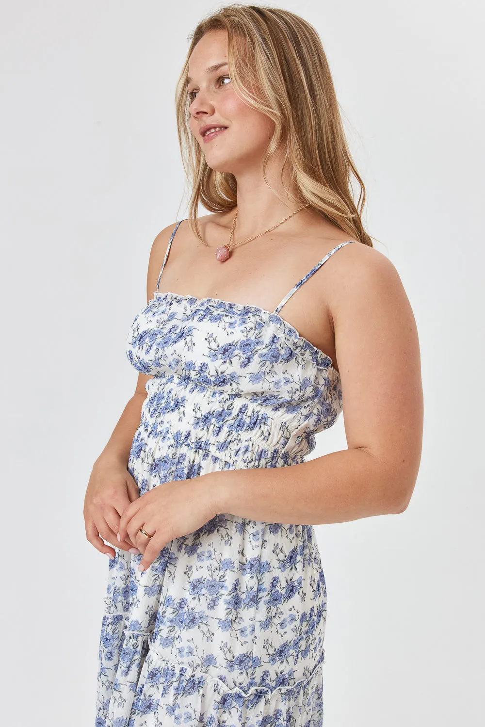 White Blue Floral Tier Emma Midi Dress