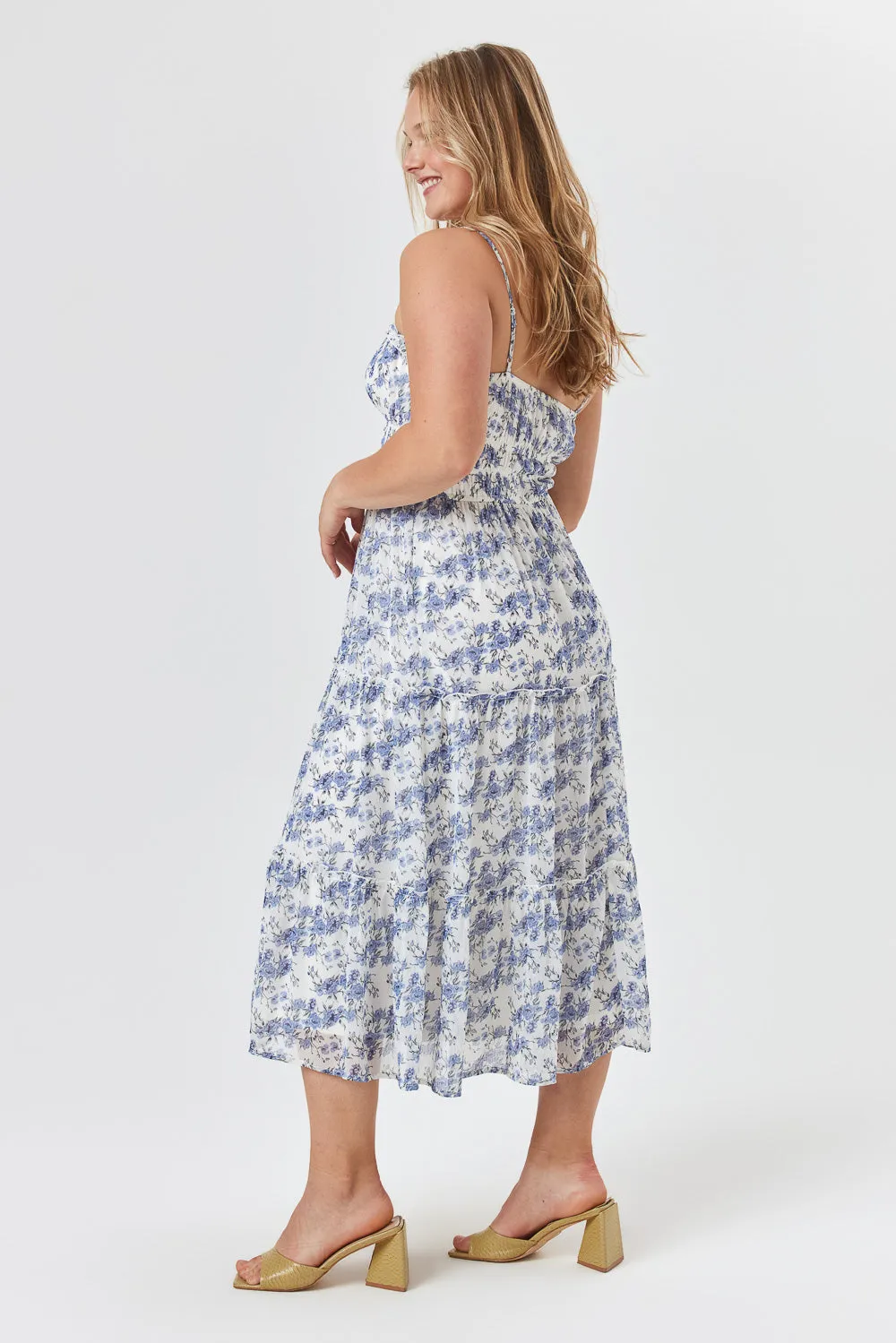 White Blue Floral Tier Emma Midi Dress