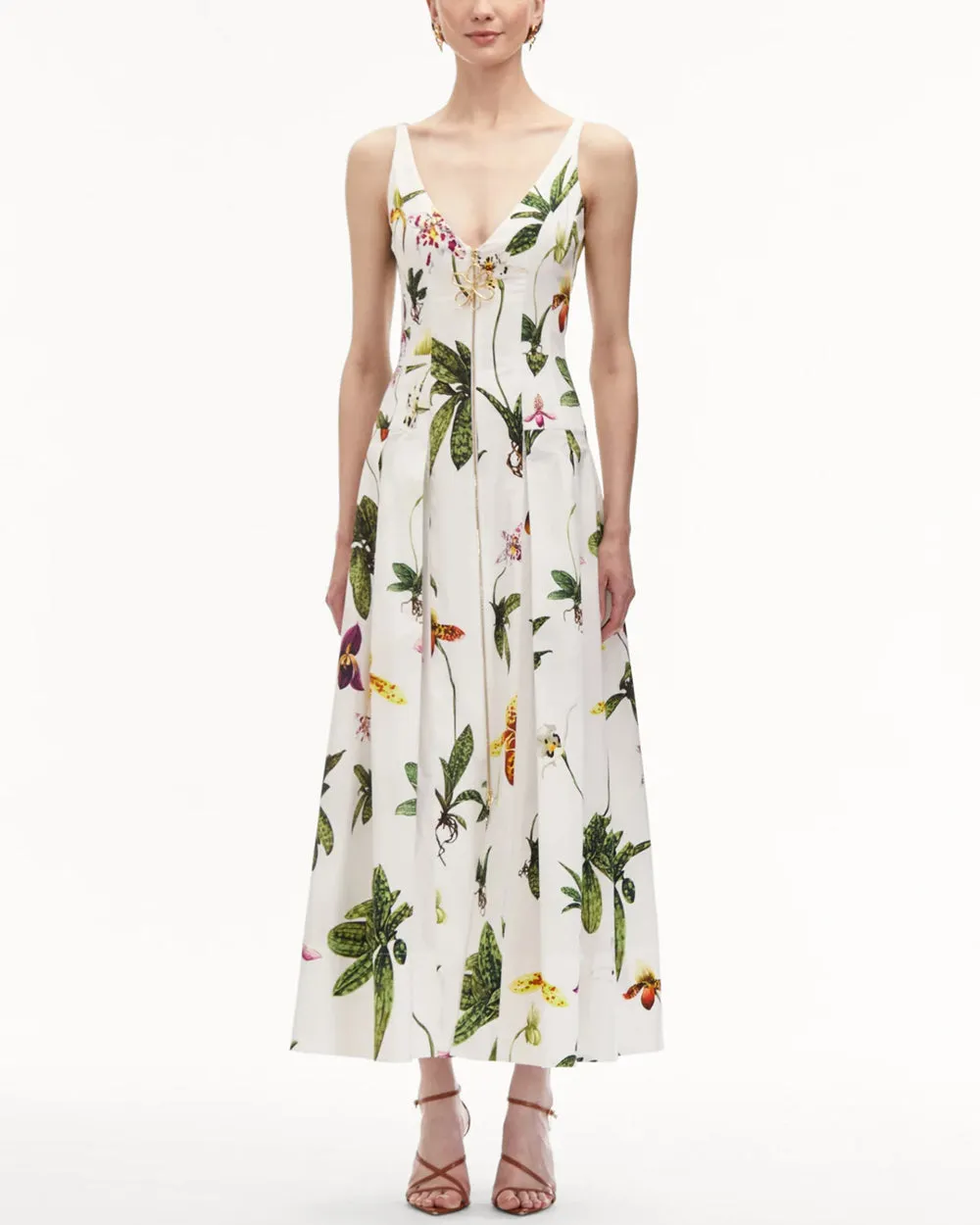 White Orchid Print Zip Front Midi Dress