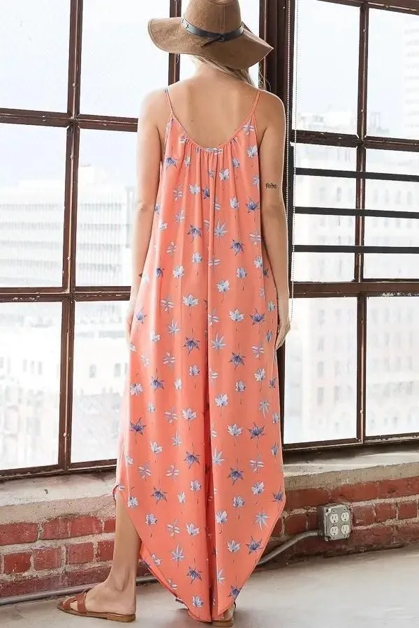 Wide Leg Leaf Print Lightweight Jumpsuit