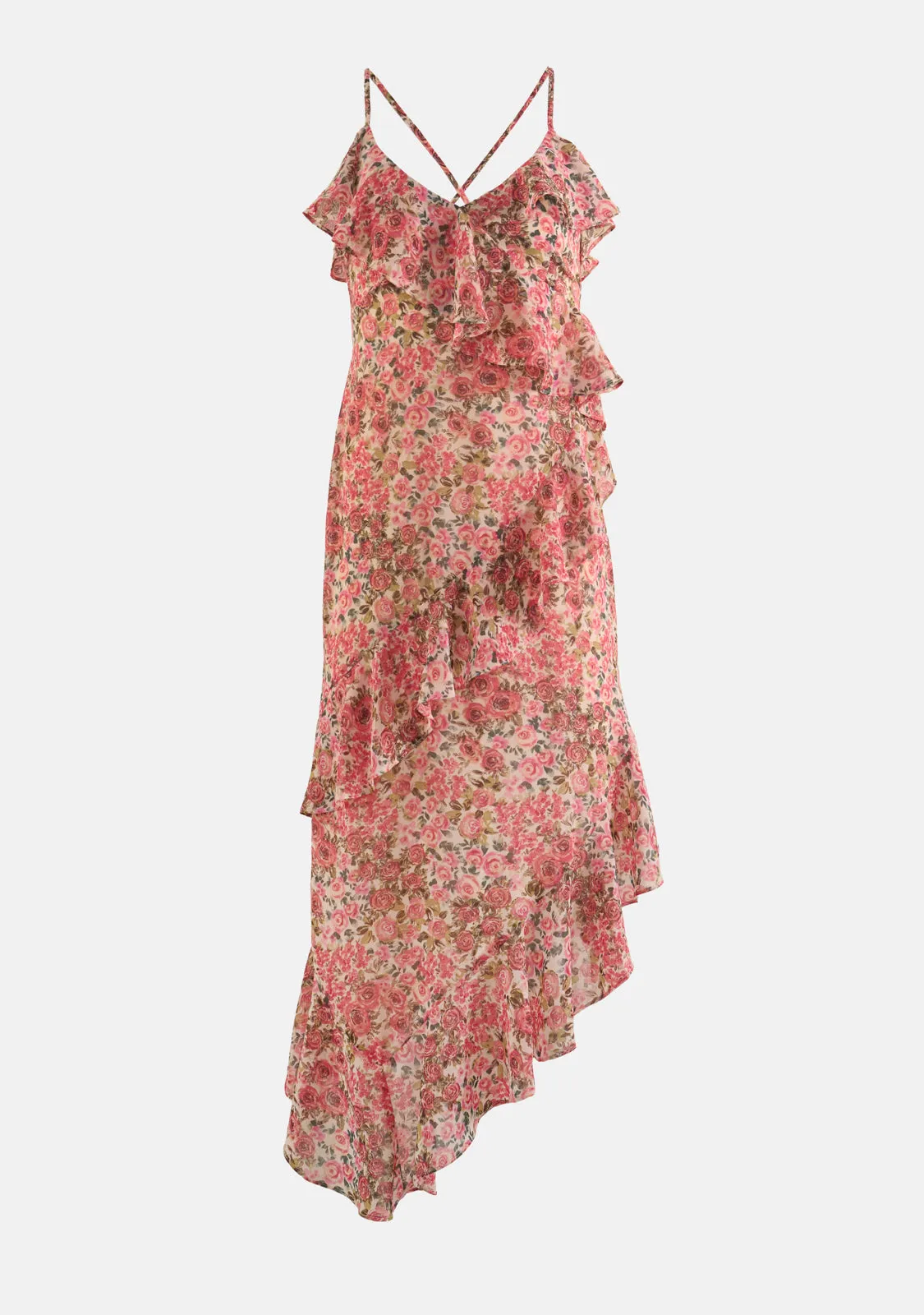 Wild Roses Diagonal Ruffled Midi Dress