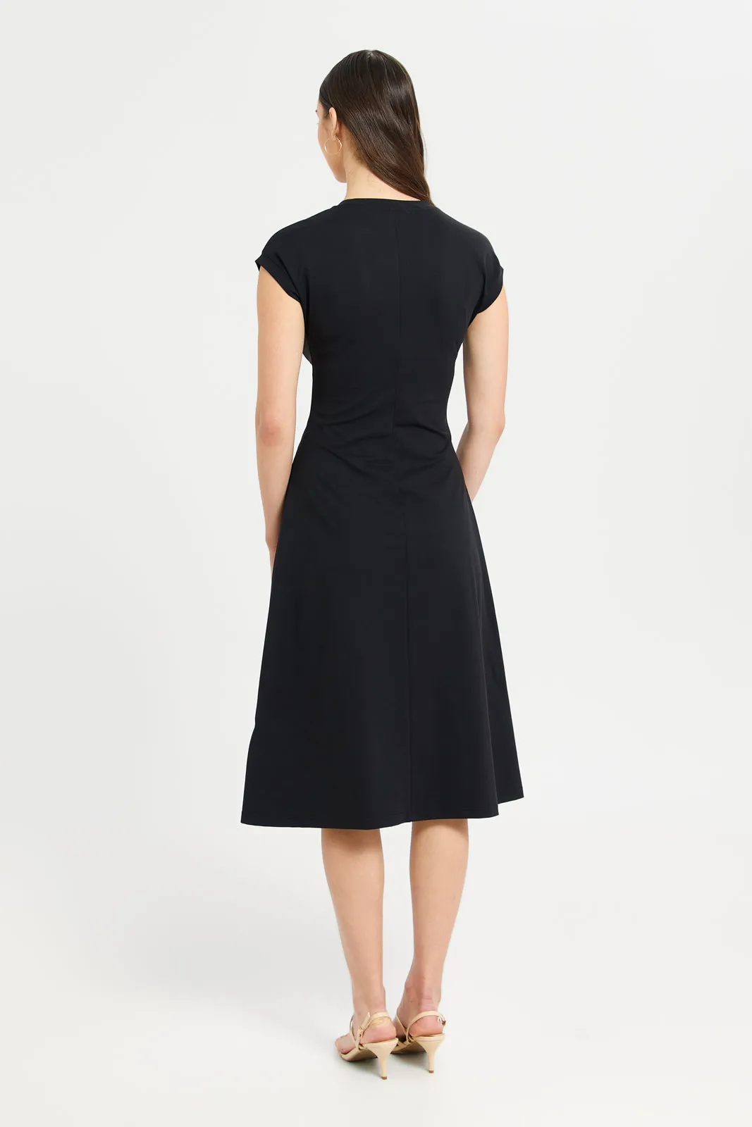 Women Black A-Line Waist Elastic Detail Dress