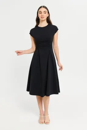 Women Black A-Line Waist Elastic Detail Dress