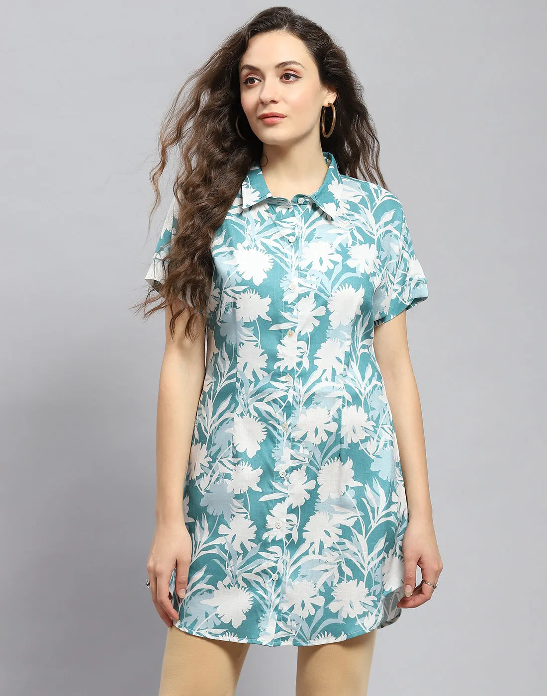 Women Blue Printed Collar Half Sleeve Tunic