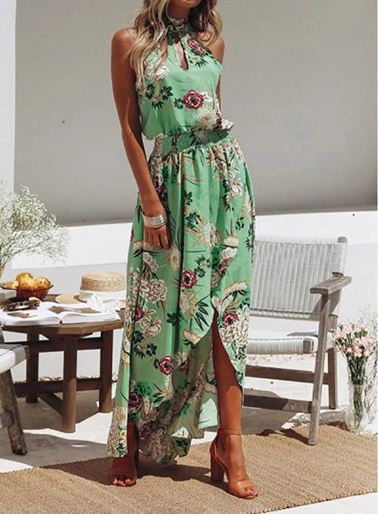 Women Boho dress Floral Long Maxi Dress O-neck Sleeveless