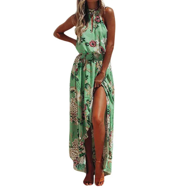 Women Boho dress Floral Long Maxi Dress O-neck Sleeveless