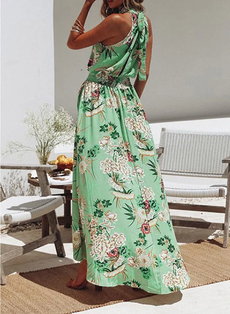 Women Boho dress Floral Long Maxi Dress O-neck Sleeveless