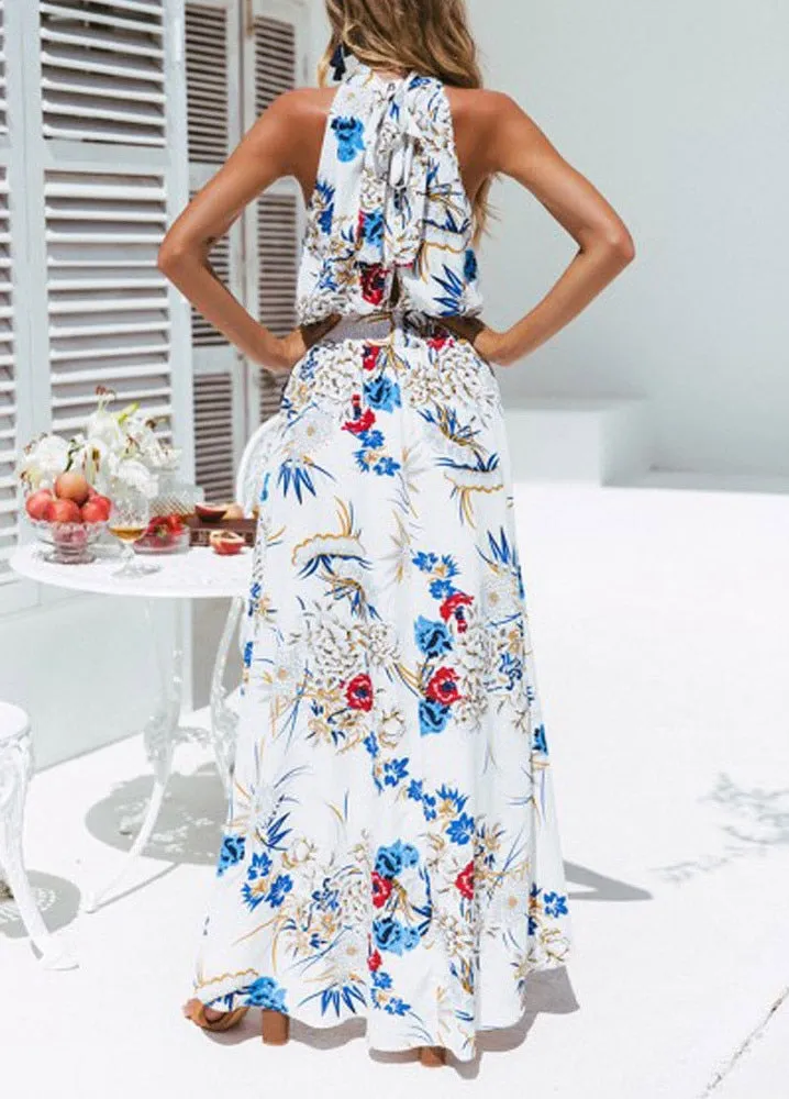 Women Boho dress Floral Long Maxi Dress O-neck Sleeveless