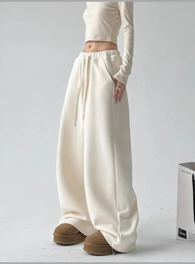 Women plus black sweatpants winter high waist drawstring drape wide leg pants