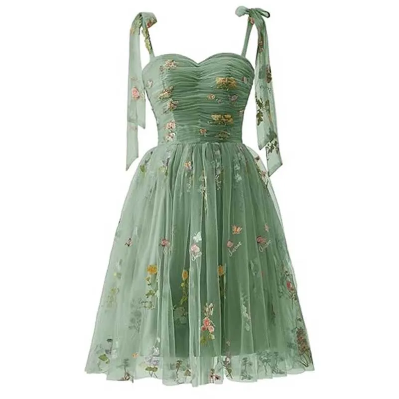 Women Tie Strap Tulle Prom Dresses Flower Embroidery Dress Short Formal Homecoming Dresses